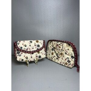 Totes Vintage Style Quilted Floral Makeup Bag & Mirror Pouch Set Cream Burgundy